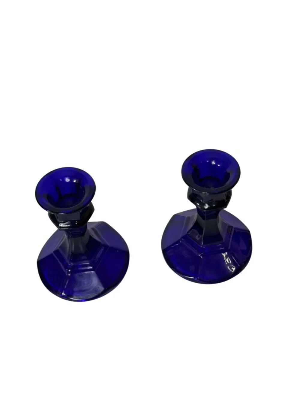 Vintage Blue Glass Candlestick Holders Set of 2 Romantic Cobalt Taper Candle MCM